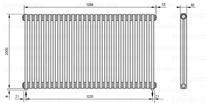 Схема (чертеж) Радиатор Zehnder Charleston 2200/28 №3570 Белый глянцевый RAL 9016